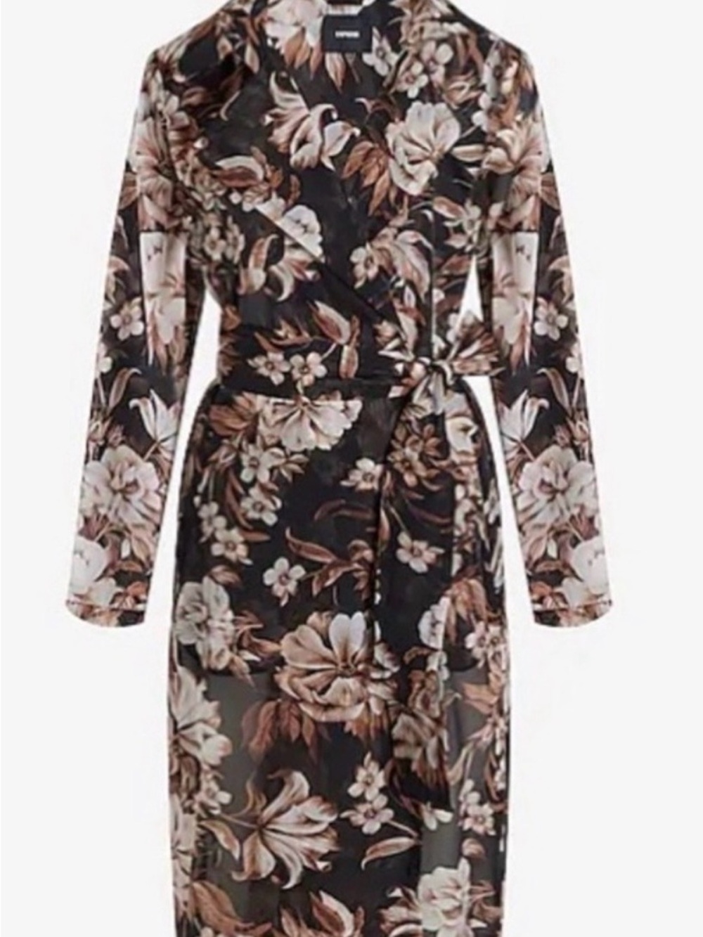Express Black Floral Wrap Robe with Blush & Cream Blooms